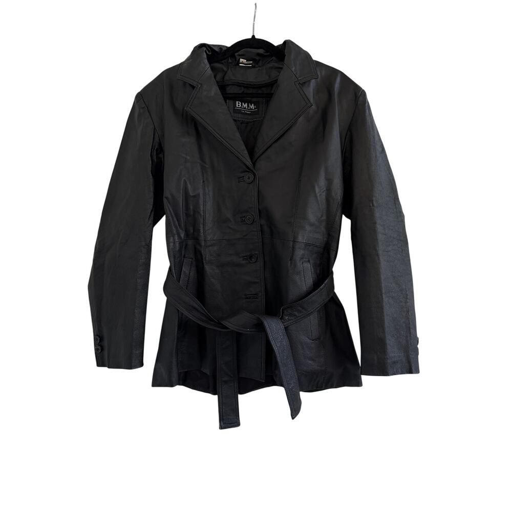 B.M.M. Belted Leather Trench Coat Womens Large Black Vintage Edgy Grunge Chic